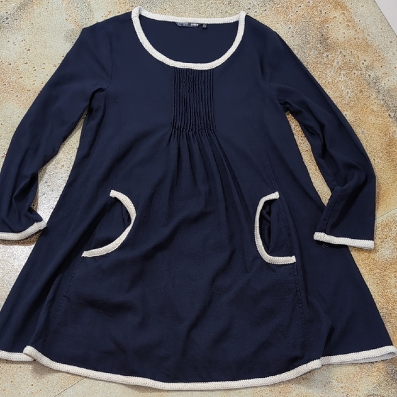 JYBY | 100% Cotton Long Sleeve Navy Blue Mini Dress Crew Neck Size L - Picture 2 of 11